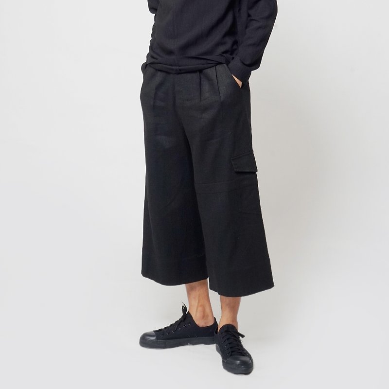 Black and White Cut FW Single Side Pocket Men's Pants - กางเกงขายาว - ผ้าฝ้าย/ผ้าลินิน สีดำ