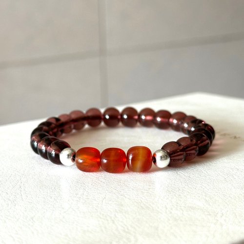 TH JEWELERY 【濃縮咖啡琉璃】棕琉璃方紅瑪瑙簡約鍍銀手鏈 幸運 勇氣 意志