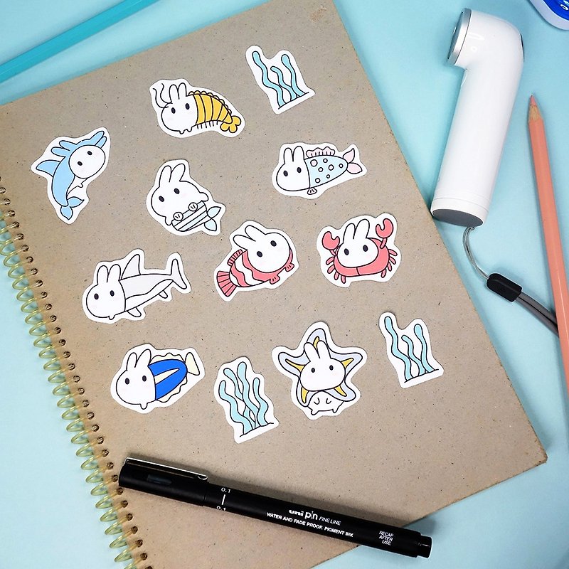 Fish rice fried rice cake Rabbit Stickers - Stickers - Paper Blue