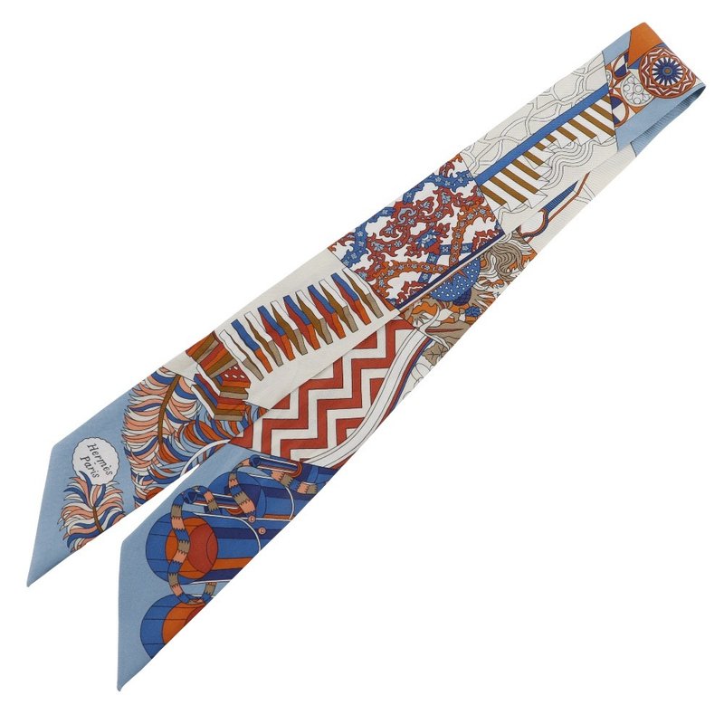 【日本直送】愛馬仕 HERMES Twilly 絲巾 傘與決鬥 De l'Ombrelle aux Duels 絲綢 天藍色/橘色 女性【二手】 - 絲巾 - 絲．絹 藍色