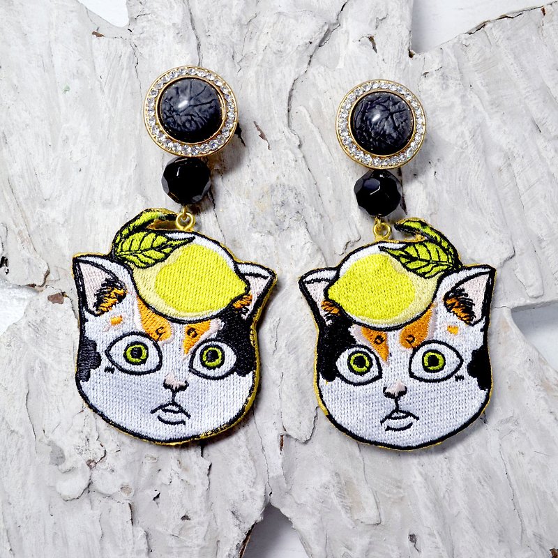 TIMBEE LO X GOOKASO Lemon Cat Double Side Embroidered Earrings are available for sale only - Earrings & Clip-ons - Thread Multicolor
