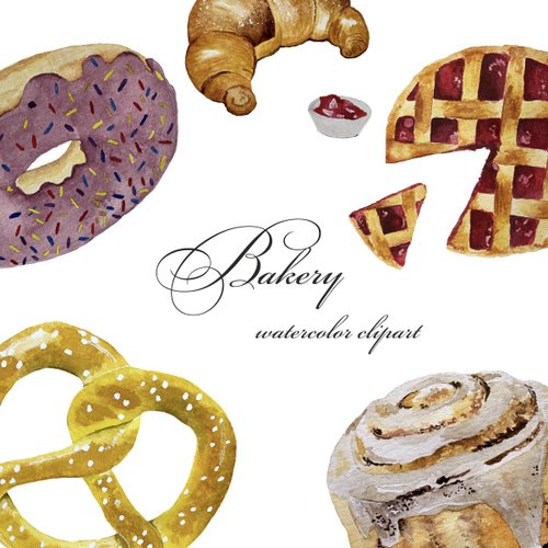 Art and Funny Bakery Watercolor Set - Croissant, Cinnamon Roll, Donut, Cherry Pie