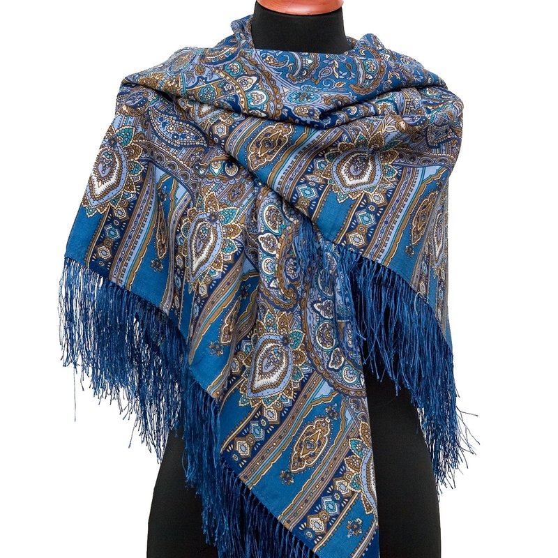 Pavlovo Posad Russian Shawl 100% Wool Scarf 125x125 cm Wrap Silk Fringe 598-57 - 絲巾 - 羊毛 藍色
