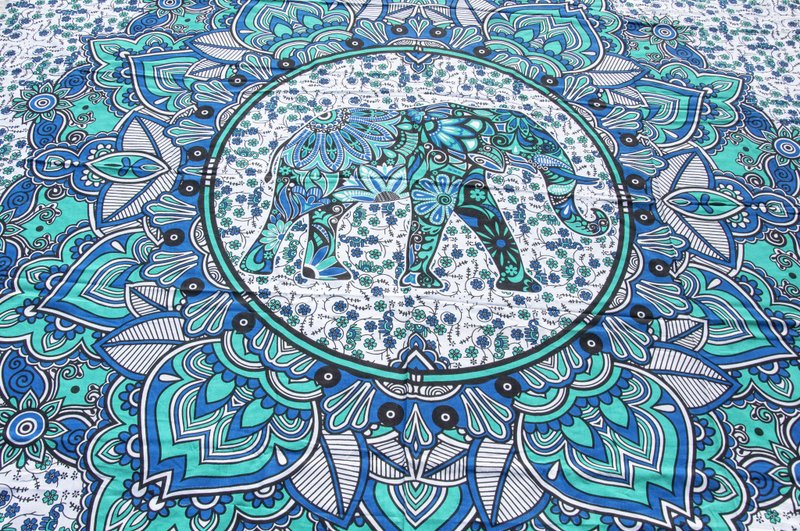 印度花朵純綿雙人床單 曼陀羅圖騰渲染床單布料-大象世界mandala - 寢具/床包 - 棉．麻 藍色