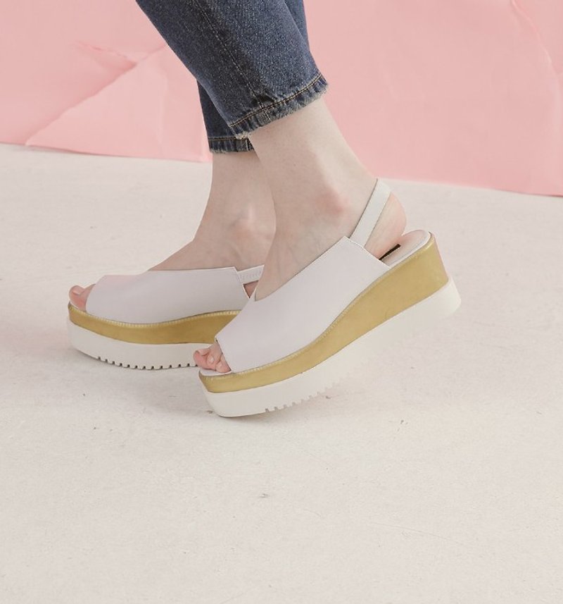 V mouth open-toed fish mouth leather platform sandals white - Sandals - Genuine Leather White