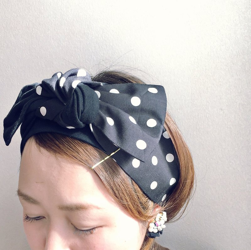 ribbon hair band  Tshirt Black X polka dots pattern - Hair Accessories - Cotton & Hemp Black
