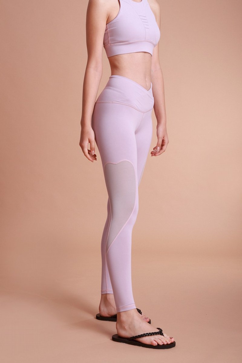 【換季特惠】#1319 愛心網紗纖腰全長緊身褲 台灣製 吸溼排汗-粉 - 瑜珈服/瑜珈褲 - 聚酯纖維 粉紅色