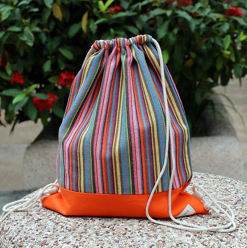 Silverbreeze~ After the Shukou Backpack ~ National Style Strips (B5) - Drawstring Bags - Cotton & Hemp Orange