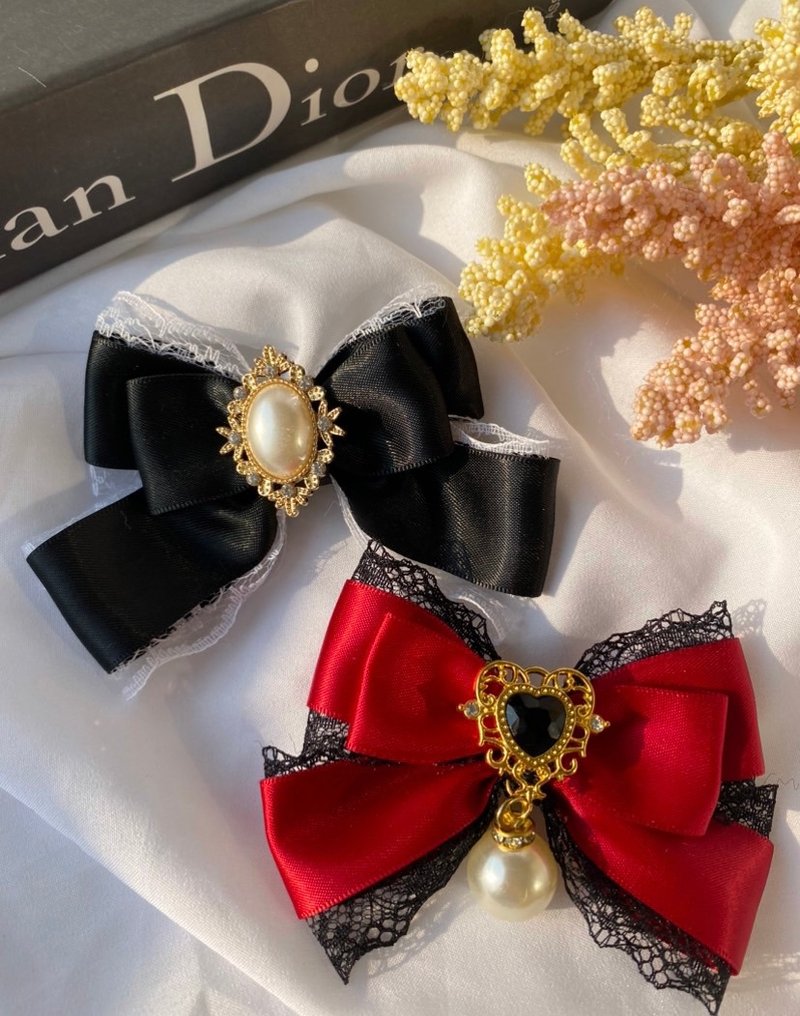 Baby Hair Bow, 2-layer hair bow, stacked with wooden lace, Handmade - 髮夾/髮圈 - 棉．麻 多色