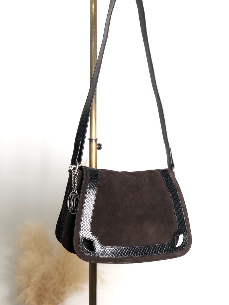 【 日本直送 名牌中古包 】Cartier 卡地亞 Marcello 系列 側背包 棕色 麂皮 壓鱷魚紋 vintage 古董 yr74va - 側背包/斜背包 - 真皮 咖啡色