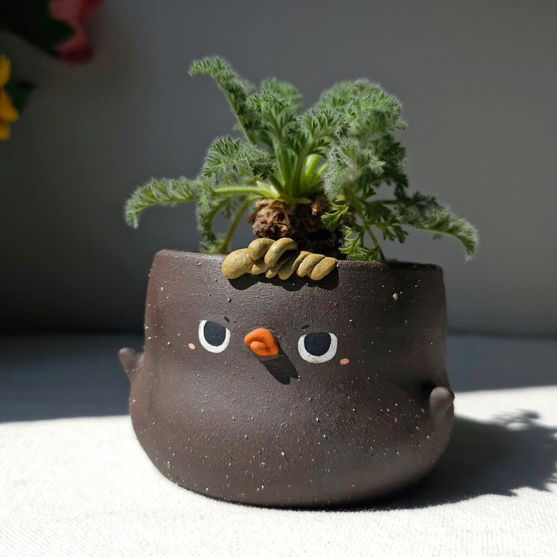 Black grumpy duck plant pot Handmade planter with drainage. - 植栽/盆栽 - 陶 