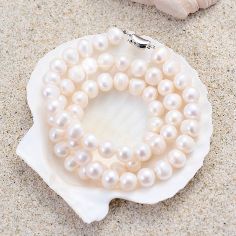 天然白色淡水珍珠項鍊 10–11mm 銀色元寶扣 奢華閃耀 聖誕節禮物 - 項鍊 - 珍珠 白色