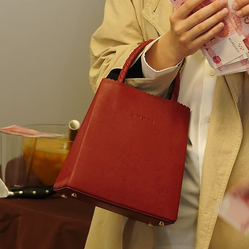 酒紅色 3色mini鱷魚紋紙袋放包 手拎肩背兩用 極簡購物袋真皮小包 - 側背包/斜孭袋 - 真皮 紅色