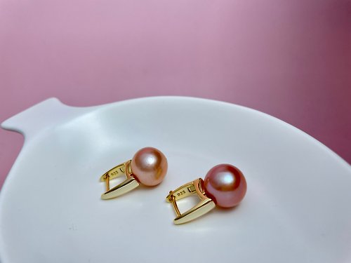 Athena珍珠設計 水桶 天然淡水珍珠 粉紫色珍珠 銀 耳環