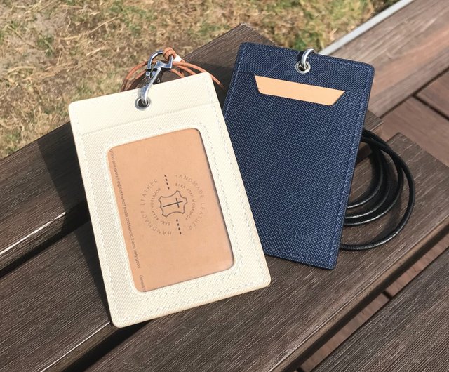 Leather ID Card Holder with Lanyard | Personalized Leather Badge Holder with Lanyard Saddle Tan / Long