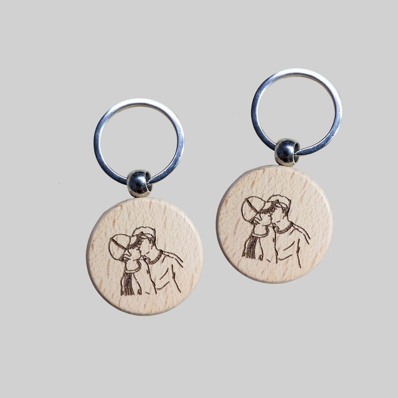 Customized wooden keychain, laser-engraved jewelry pendant, simple lines and face painting, couple chain birthday gift - Keychains - Wood 
