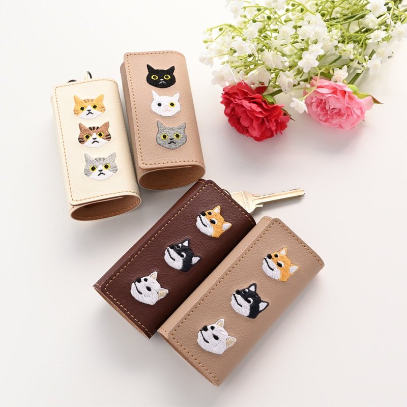キーケース 【 刺繍 3匹の猫 柴犬 2点セット 】 選べる レザー 母の日 猫 犬 鍵 スマートキー A151I - 鑰匙圈/鑰匙包 - 真皮 咖啡色