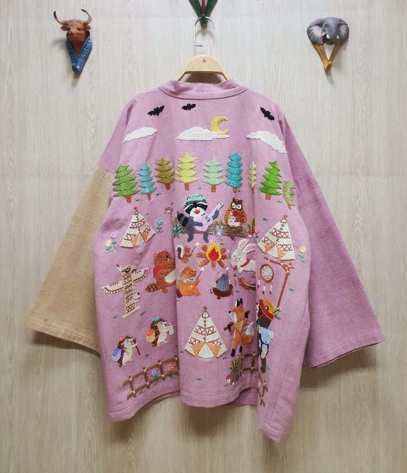 手工刺繡開衫-棉、野營、狐狸、鹿、兔、浣熊、刺猬 - 女上衣/長袖上衣 - 繡線 粉紅色