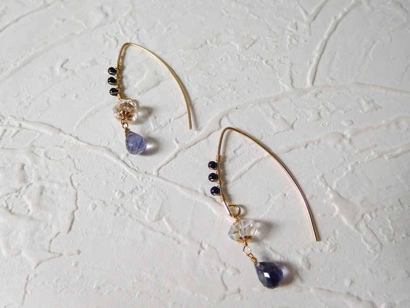 14K gold hook type cordierite crystal earrings reservation - ต่างหู - เครื่องเพชรพลอย สีม่วง