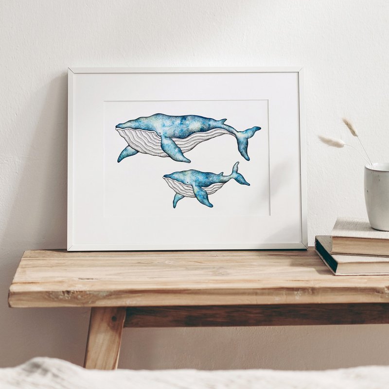 A4 シロナガスクジラの親子 アートプリント/イラスト複製画 - 海報/掛畫/掛布 - 紙 藍色
