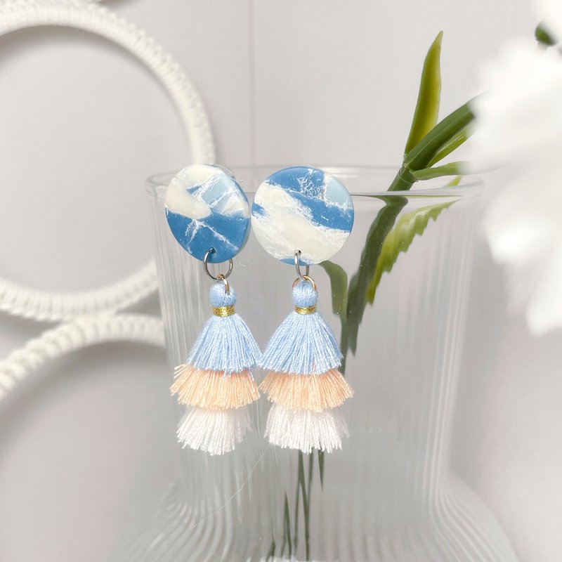 Blue Marble Tassel Stud Earrings Winter Collection - Earrings & Clip-ons - Other Materials Blue