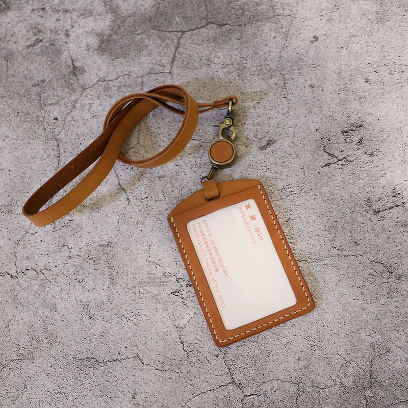 Small Orange Peel Vegetable Tanned Cowhide Neckband Retractable ID Cover/Retractable Identification Card/Retractable Travel Card Holder/GOGORO - ที่ใส่บัตรคล้องคอ - หนังแท้ 