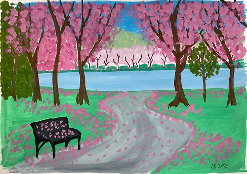 Anastasia Art - 独特的工艺 Cherry Blossom gouache painting, pink color, home design, landscape, nature