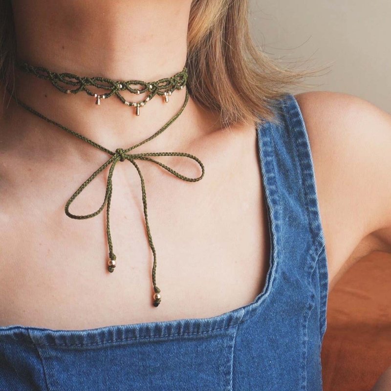 Lace Choker | 編織蕾絲頸繩 | 橢圓款 | 軍綠色 - 項鍊 - 蠟 