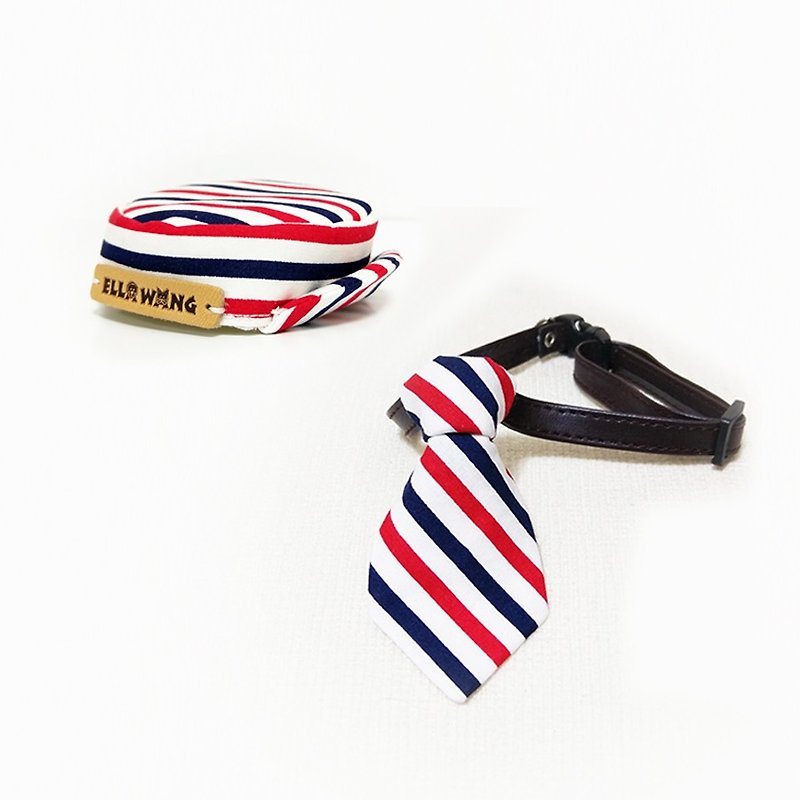 Ella Wang Design Hat Hat + Tie Tie or Bowtie Tie & Cow Dog Red Blue White Stripe Set - Collars & Leashes - Cotton & Hemp Red