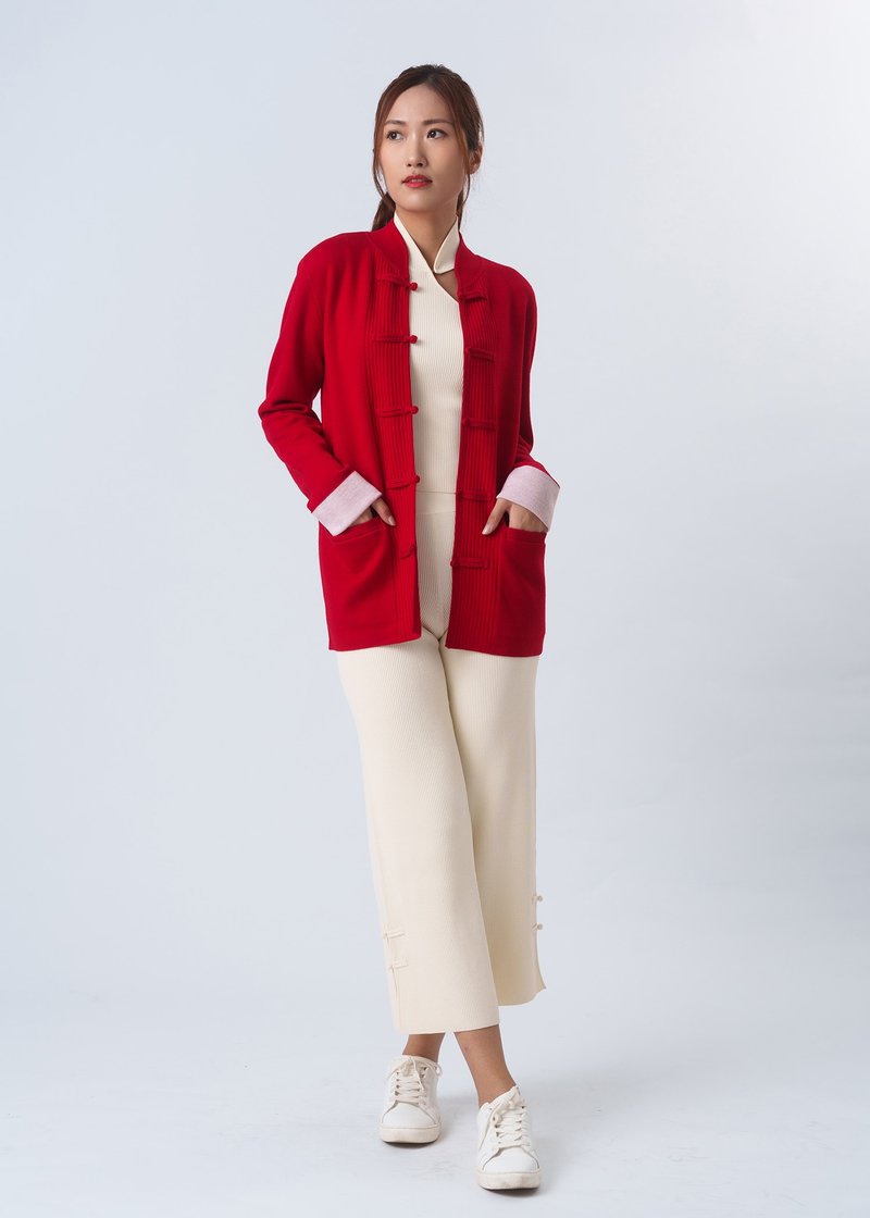 Bicolor Knitted Tang Jacket (Red/ Off White) - เสื้อโค้ทผู้ชาย - ขนแกะ สีแดง