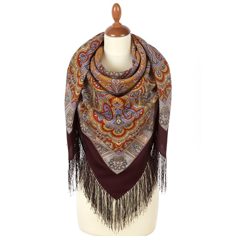 Pavlovo Posad Russian Shawl 100% Wool Scarf 125x125 cm Wrap Silk Fringe 596-17 - 絲巾 - 羊毛 咖啡色