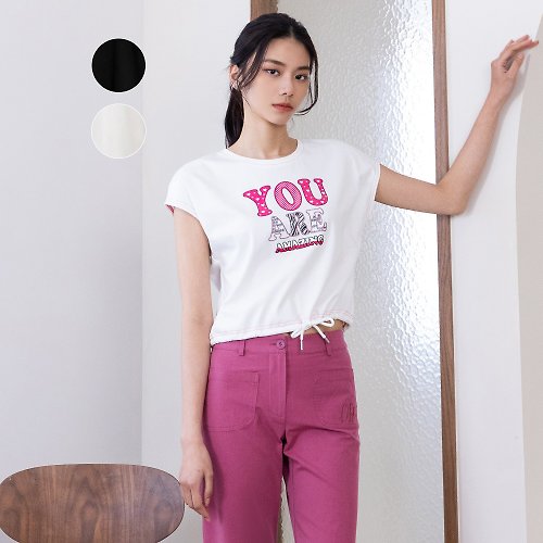 MEDUSA LADY 【MEDUSA】YOU粉紅壓線抽繩短版T恤-2色(M-XL) | 女短版上衣