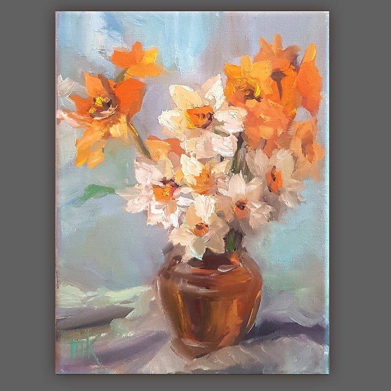 Daffodils Oil Painting Original Art  flowers canvas Artwork  Spring floral Art - Posters - Other Materials Multicolor