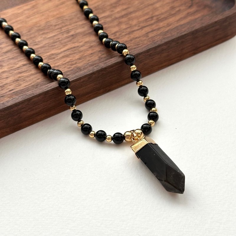 [Leo and Virgo | August] Black agate citrine hexagonal column gold-plated necklace attracts wealth, social stability and thoughts - สร้อยคอ - คริสตัล สีดำ