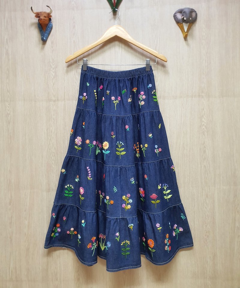Hand Embroidery Skirt, Cotton Fabric, Various Flowers,  2 sides embroidered - Skirts - Thread Blue
