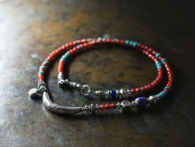 Necklace with blue chevron and multicolored Karen Silver, turquoise blue chevron, and amber white hearts - Necklaces - Glass Red