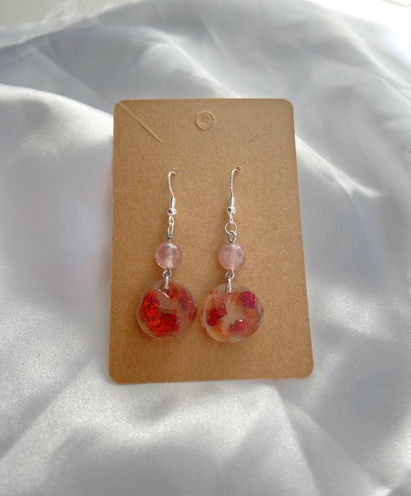 Handmade dried rose flower with pink crystal earrings 925 silver - Earrings & Clip-ons - Resin 