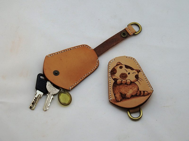 花嘴短尾貓皮革鑰匙包 (向右看) - 鑰匙圈/鑰匙包 - 真皮 
