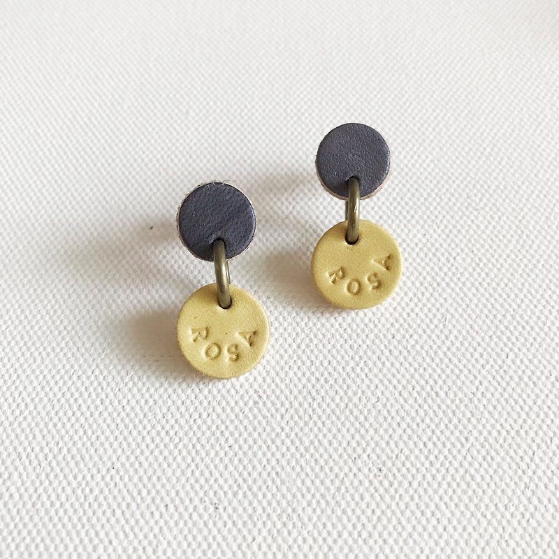 Leather earrings │ ear pin type │ small round 1 works │ gray yellow - Earrings & Clip-ons - Genuine Leather Yellow