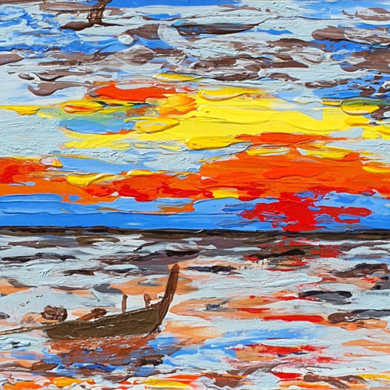Sunset Painting Boat Seascape Original Art Sailboats Cruise Nautical Wall Art - 掛牆畫/海報 - 其他材質 多色