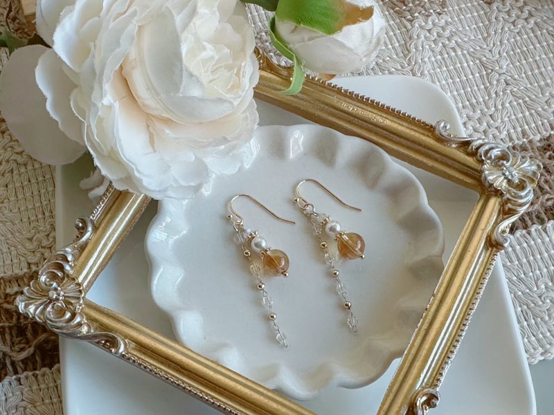 朝露曙光 l 黃水晶 Swarovski珍珠 垂墜耳環 - 耳環/耳夾 - 水晶 黃色