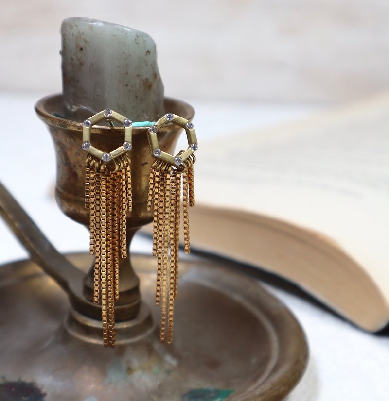 Hexagonal zircon tassel brass earrings brass Christmas gift customization - Earrings & Clip-ons - Copper & Brass Gold