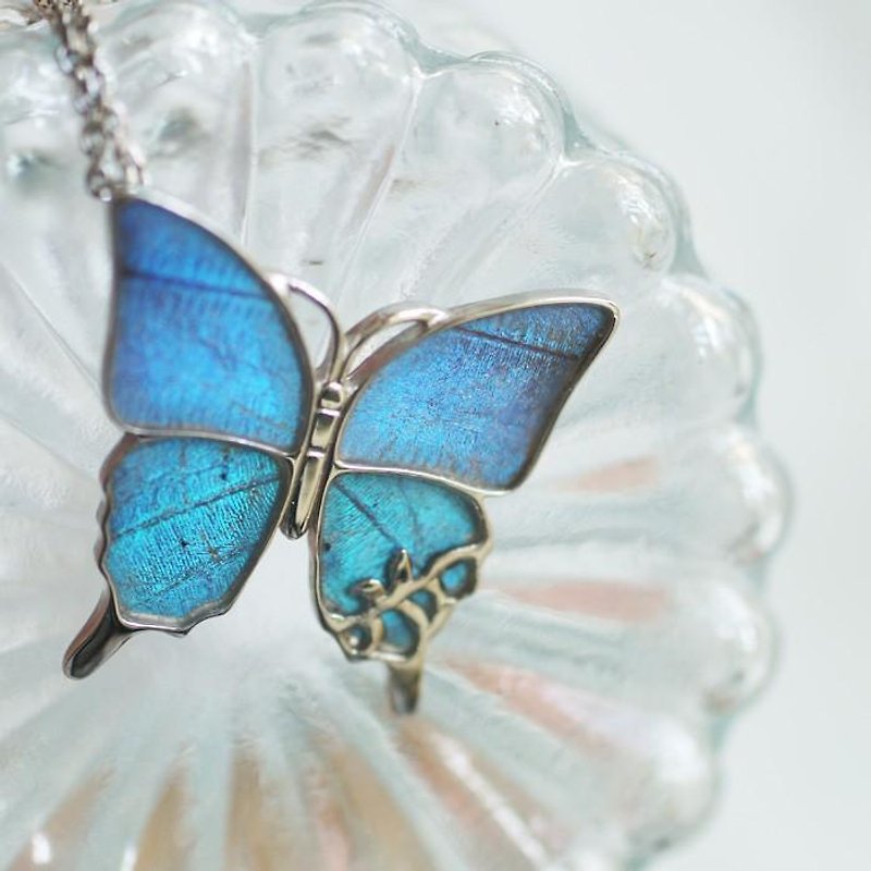 Large Morpho Butterfly Pendant Slanted Silver - Necklaces - Sterling Silver Blue