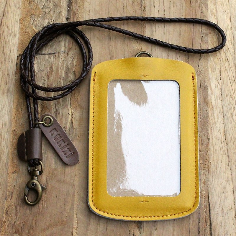 ID case/ Pass case/ Card case - ID 1 -- Yellow + Dark Brown Lanyard(Cow Leather) - ID & Badge Holders - Genuine Leather 
