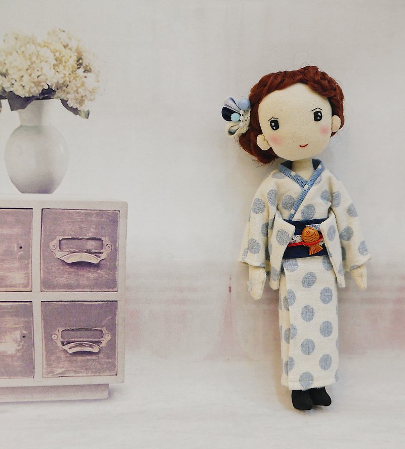 Handmade Doll- Girl in Blue Polka Dots Kimono - Stuffed Dolls & Figurines - Cotton & Hemp 
