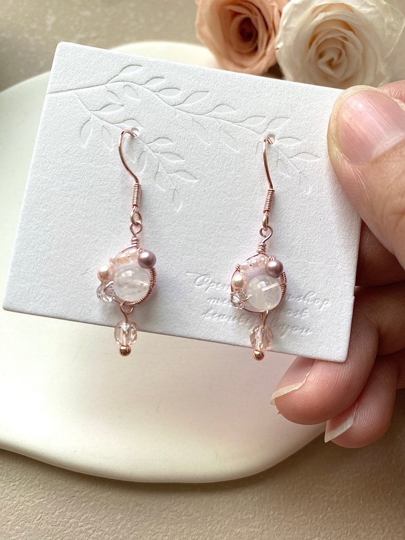 June birthstone rose pink moonstone elegant shape earrings 14KGF ear hook - Earrings & Clip-ons - Crystal Pink