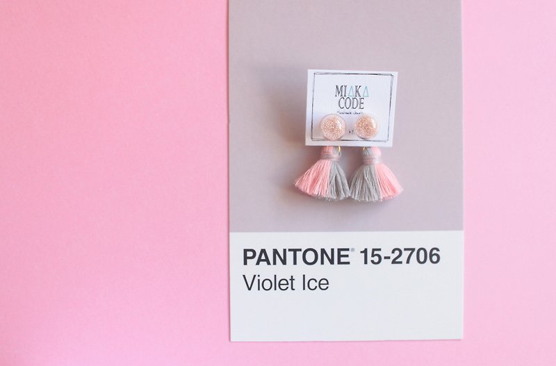 10mm Glass bubble earrings/ear-clips with Light grey+Pink tassels - Earrings & Clip-ons - Glass Multicolor