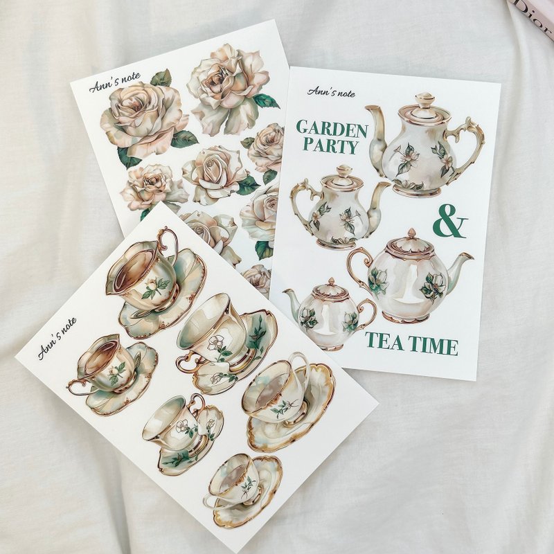 tea time stickers Pack 3 MIX (anns note) vintage collage flower teacup - 貼紙 - 紙 多色