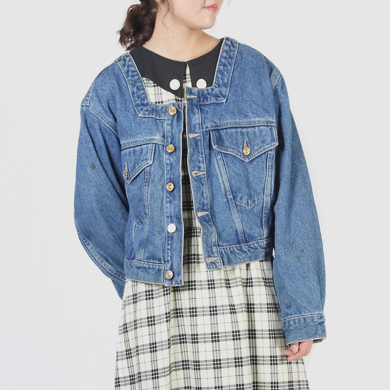 [Egg Plant Vintage] Pretty Girl's Neckline Short-Sleeve Vintage Denim Jacket - เสื้อแจ็คเก็ต - ผ้าฝ้าย/ผ้าลินิน สีน้ำเงิน