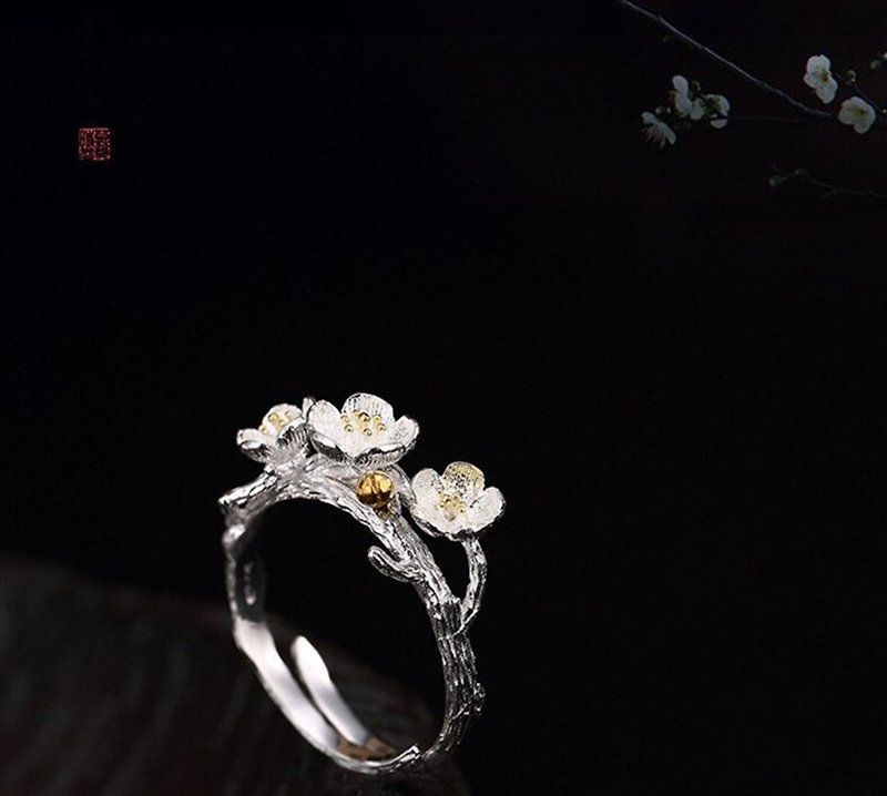 Real 925 Sterling Silver Finger Rings for Women Romantic Floral Open Ring - แหวนทั่วไป - เงิน สีเงิน